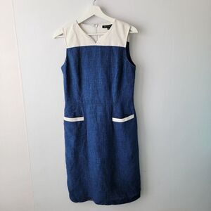 Brooks Brothers Blue Colorblock Linen Sleeveless Pockets Sheath Dress size 6